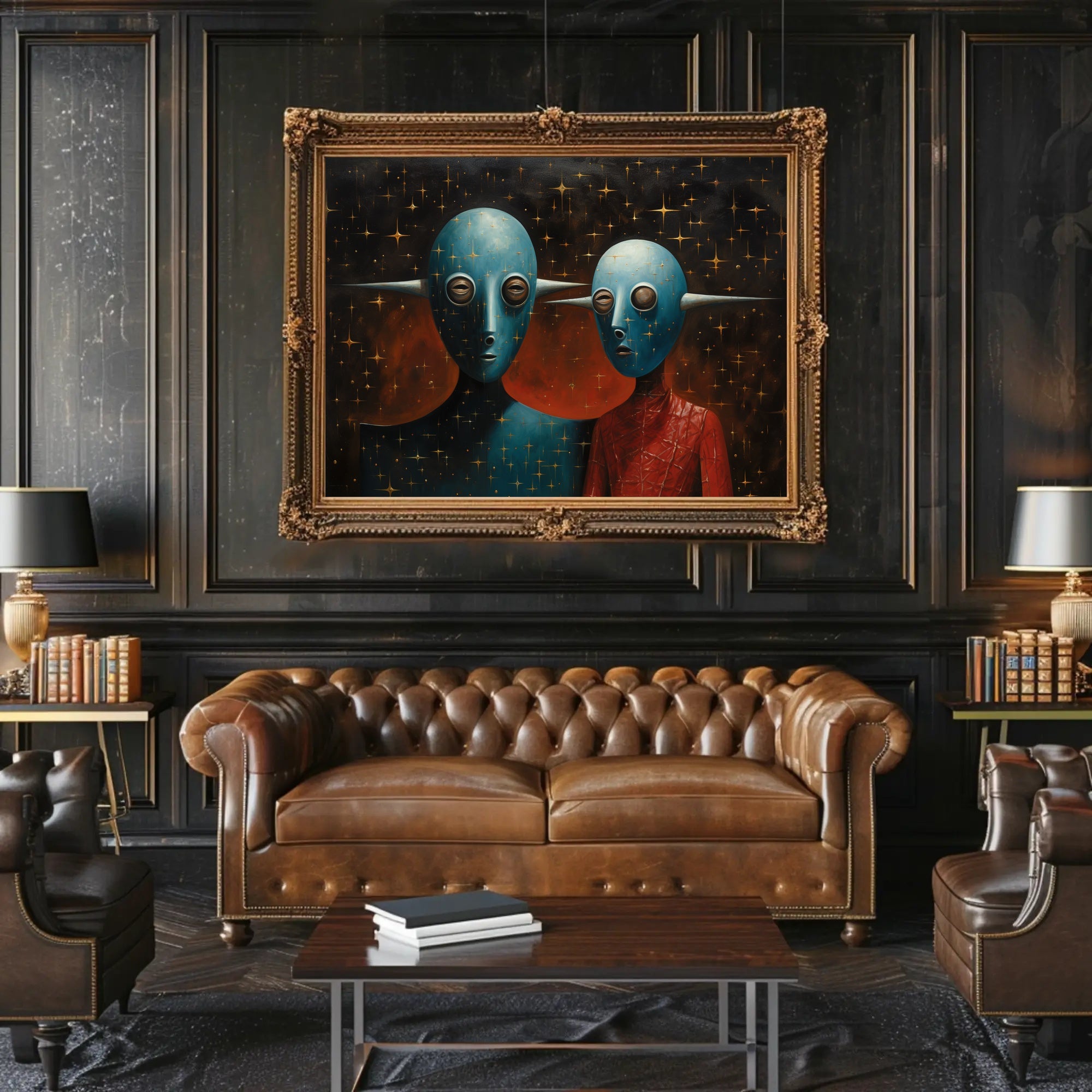 Alien Figures in Cosmic Setting Futuristic Sci-Fi Poster