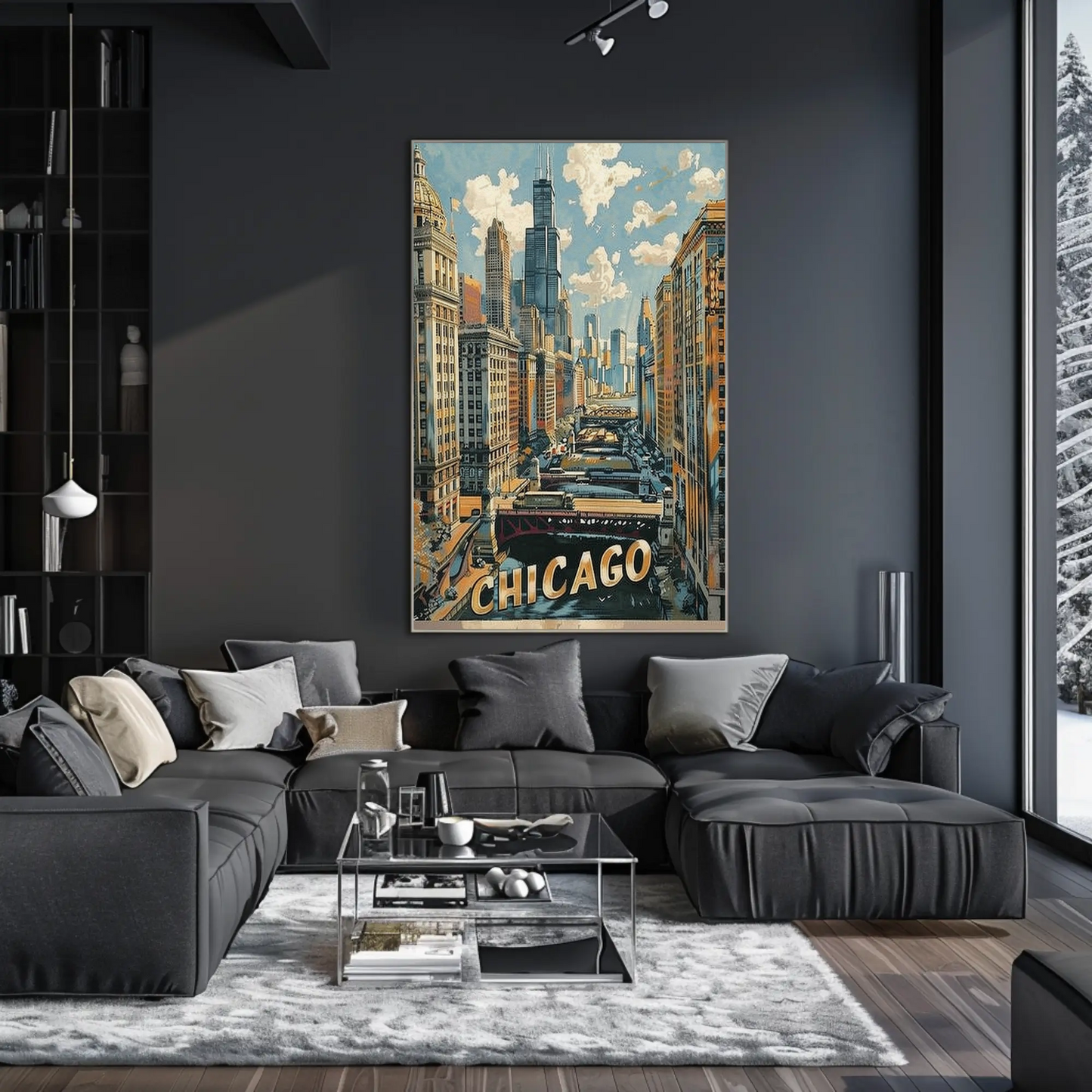 Chicago Skyline River Train Architecture Cityscape Travel Poster
