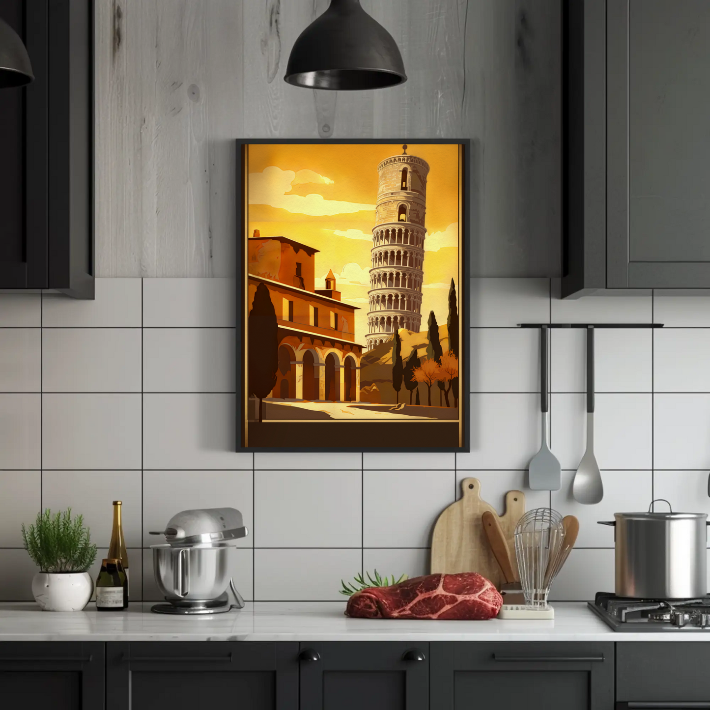 Italy Pisa Leaning Tower Sunset Sky Vintage Travel Poster