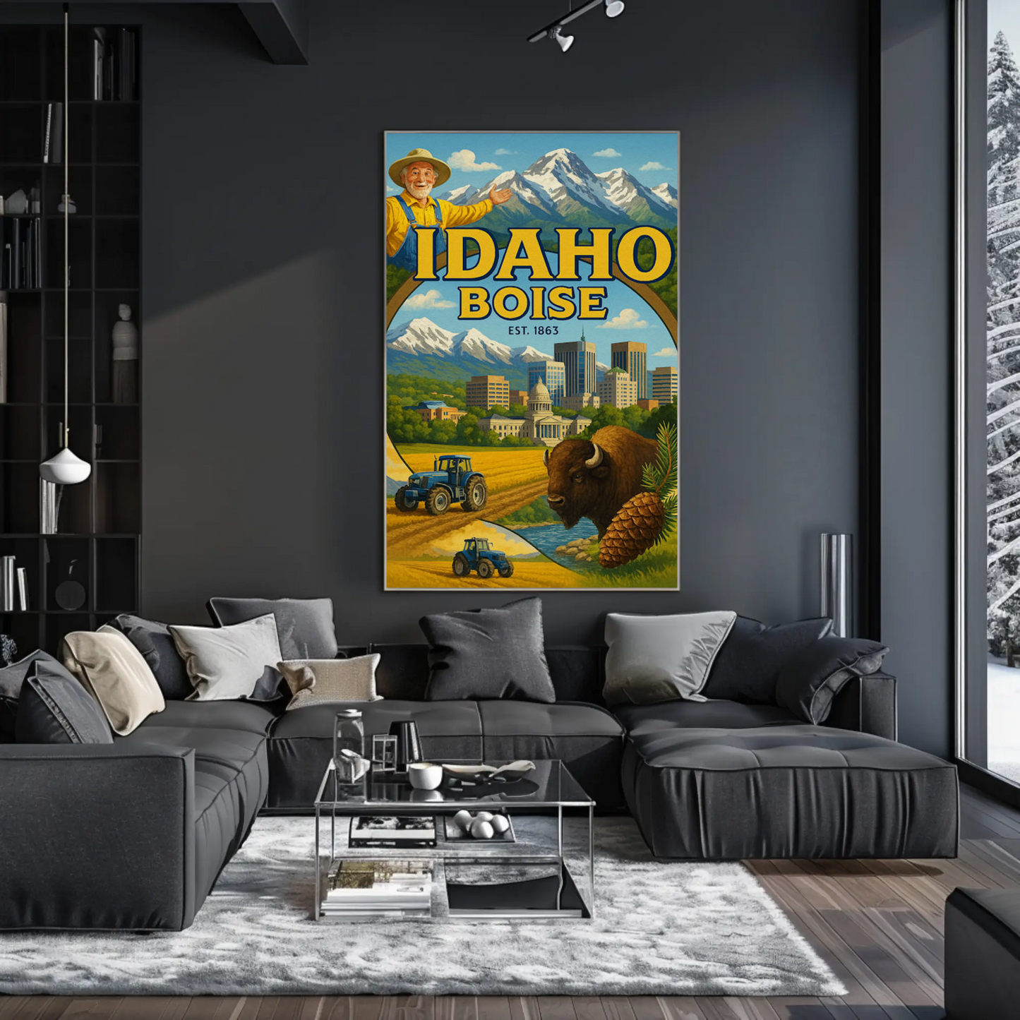 Boise Idaho Cityscape Buffalo Mountain Farm Travel Poster
