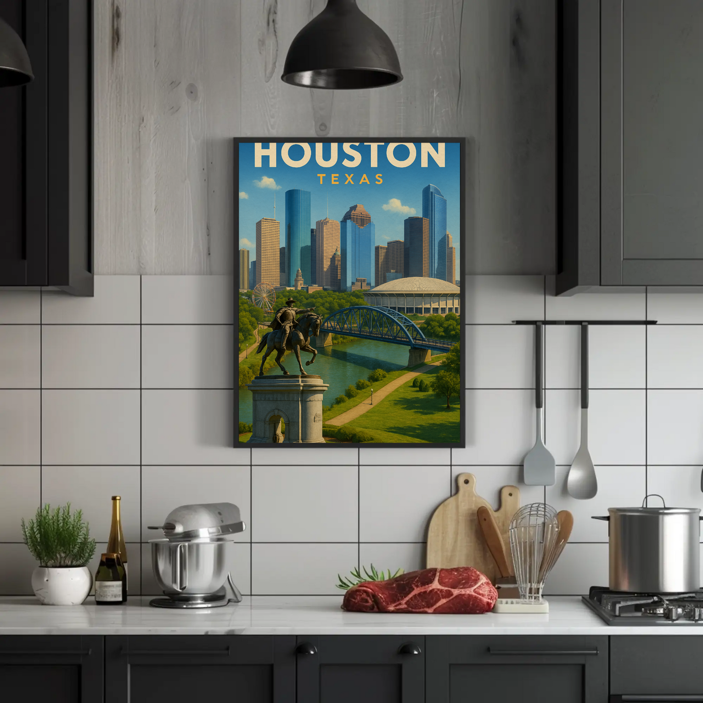 Houston Texas Skyline River Monument Vintage Travel Poster