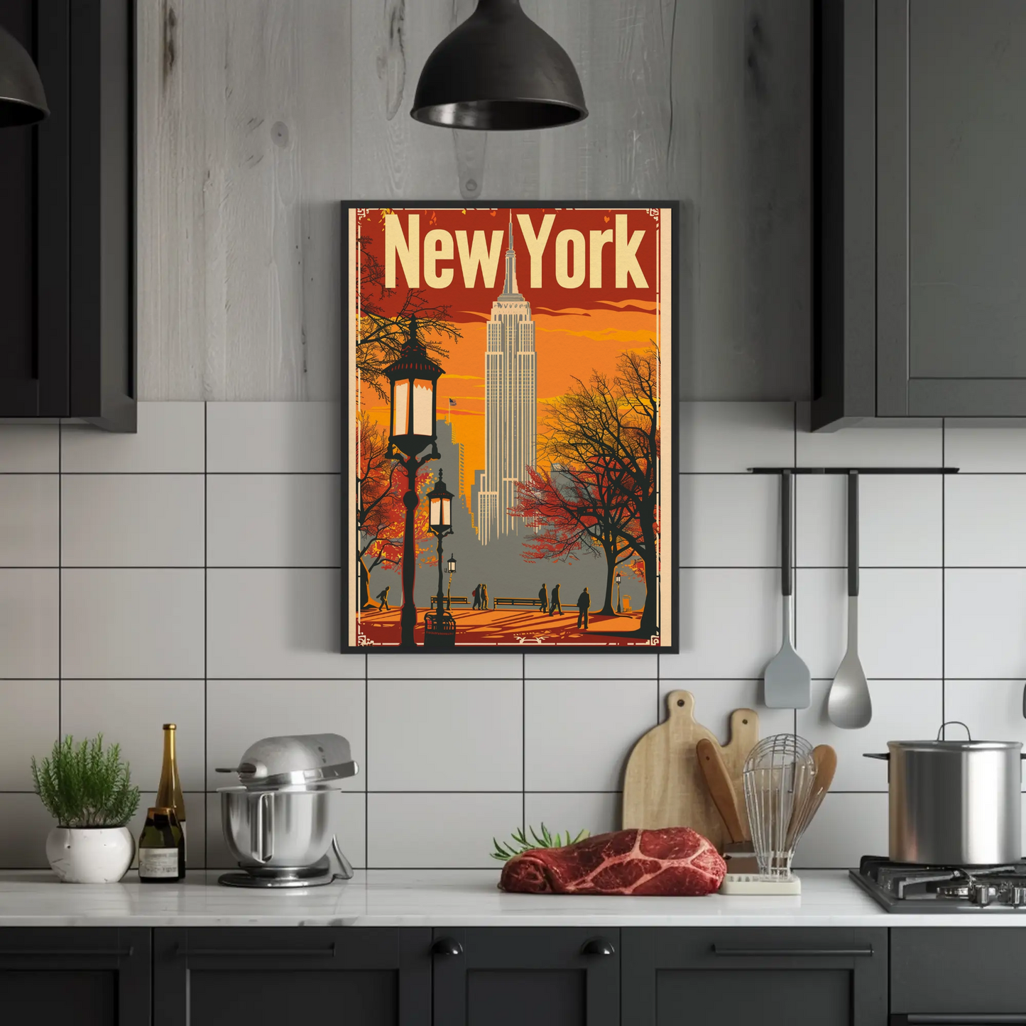 New York Orange Sky Autumn Cityscape Vintage Travel Poster