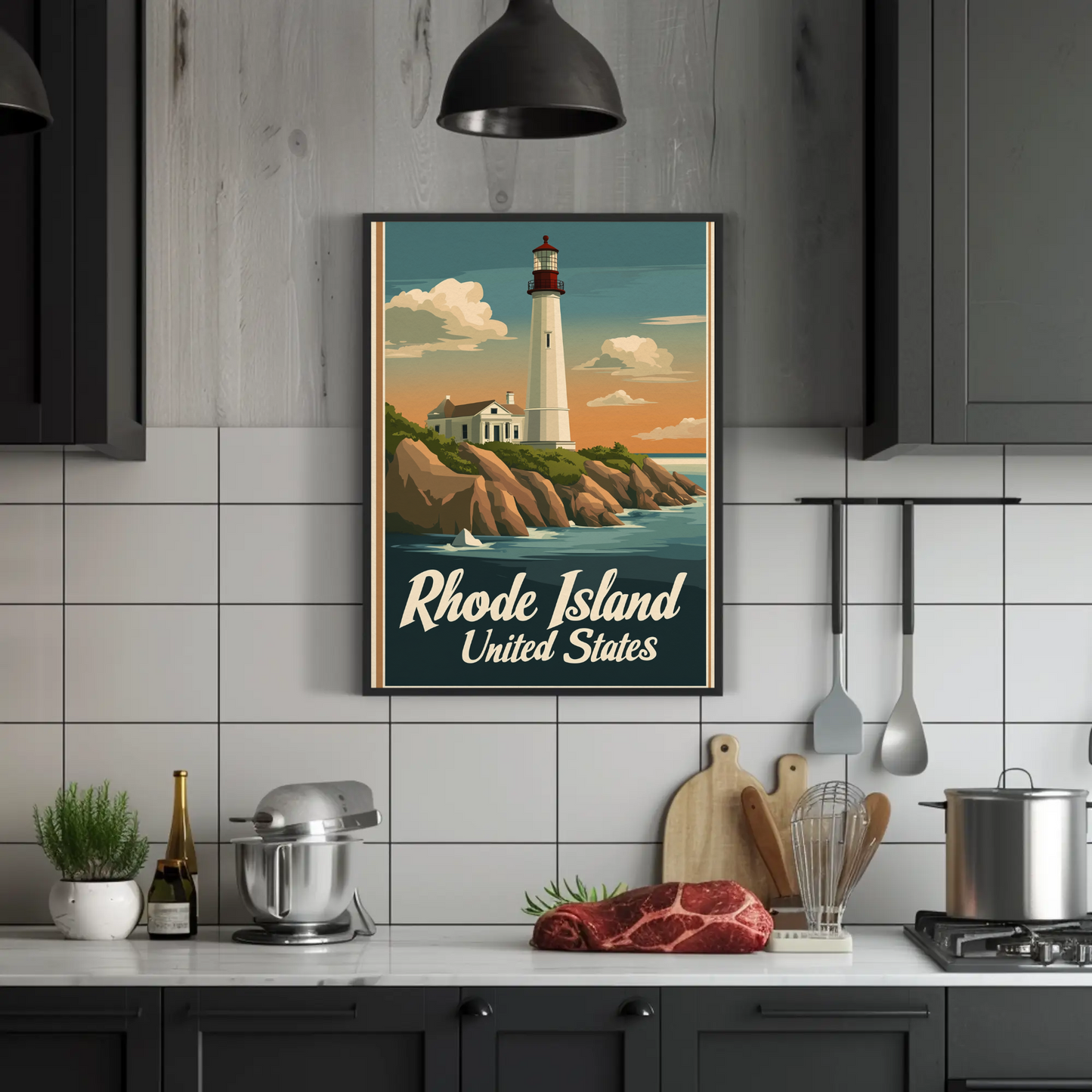 Rhode Island - Coastal Lighthouse Vintage Travel Poster