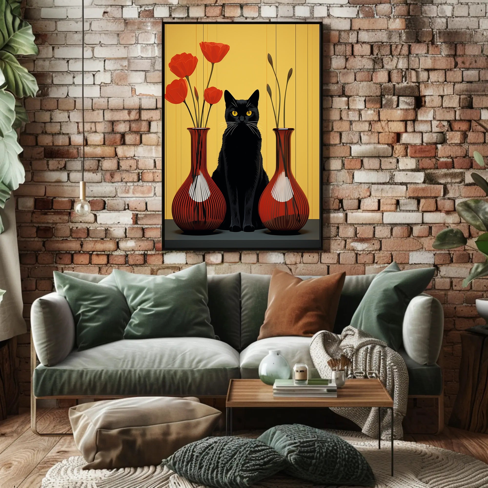 Black Cat And Red Vases Poster