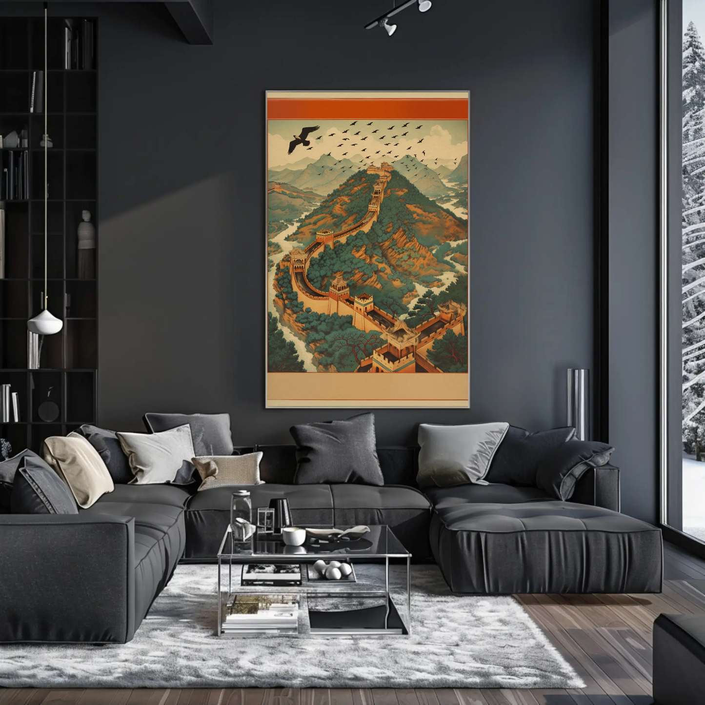 Great Wall Soaring Eagle Over Mountains Travel Poster