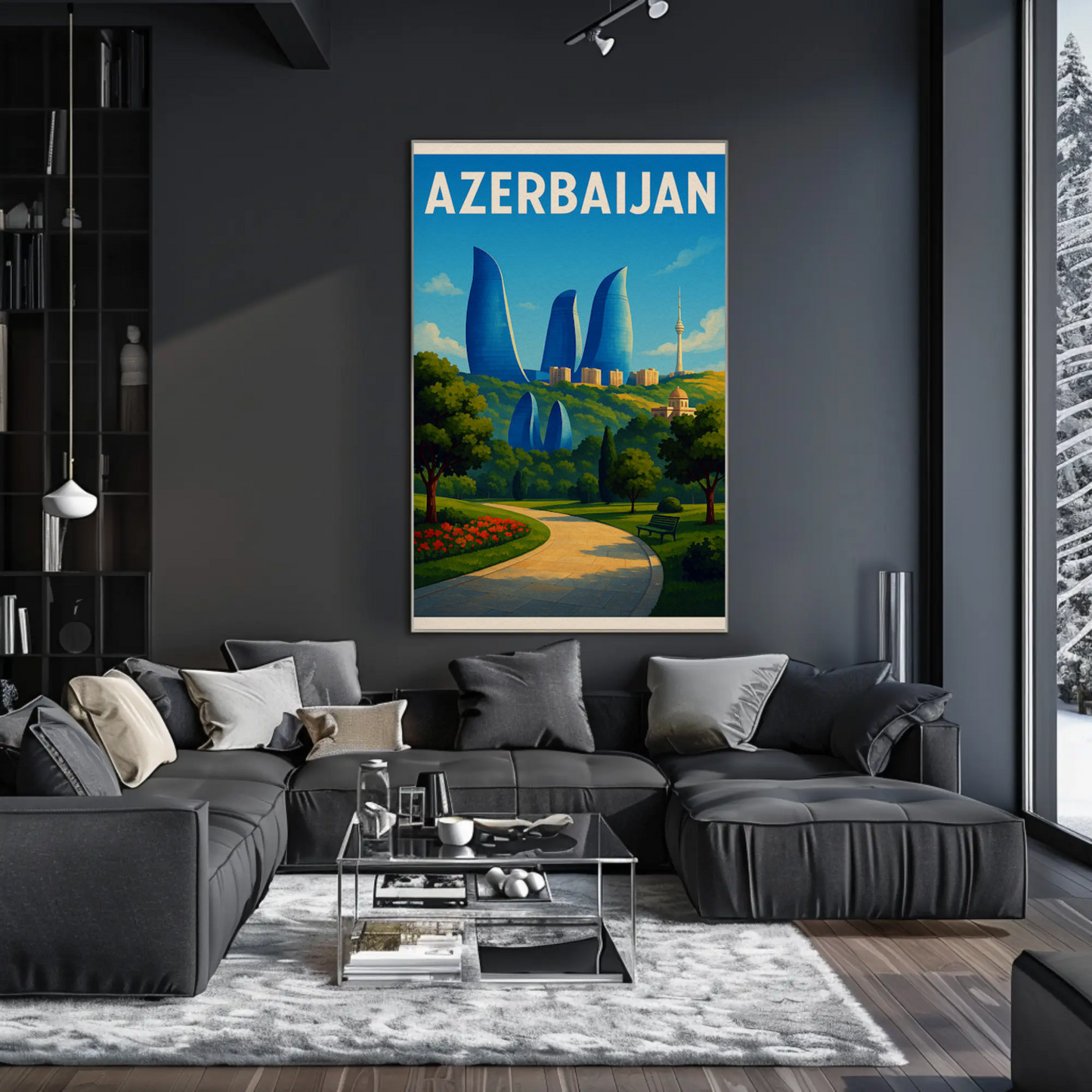 Azerbaijan Baku Flame Towers Park Path Travel Poster