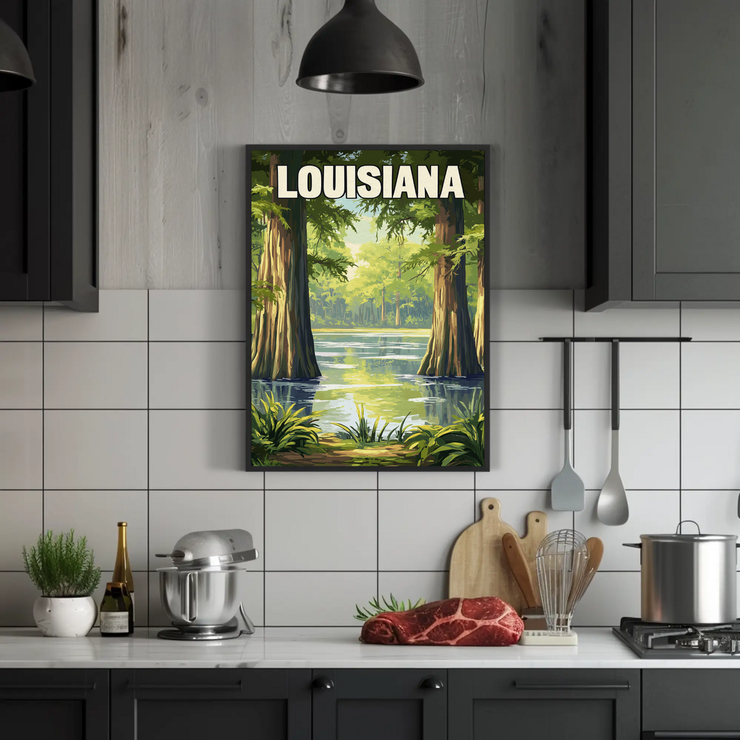 Louisiana - Bayou and Swamp Landscape Vintage Travel Poster