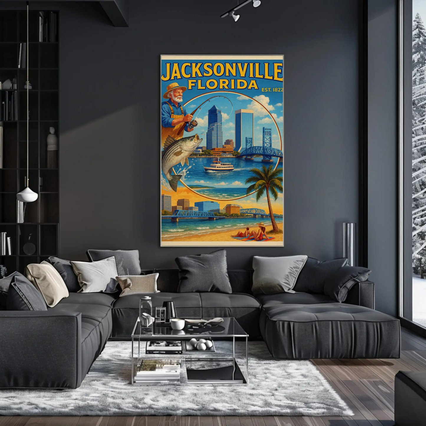 Jacksonville Florida Fishing Bridge Skyline Travel Poster