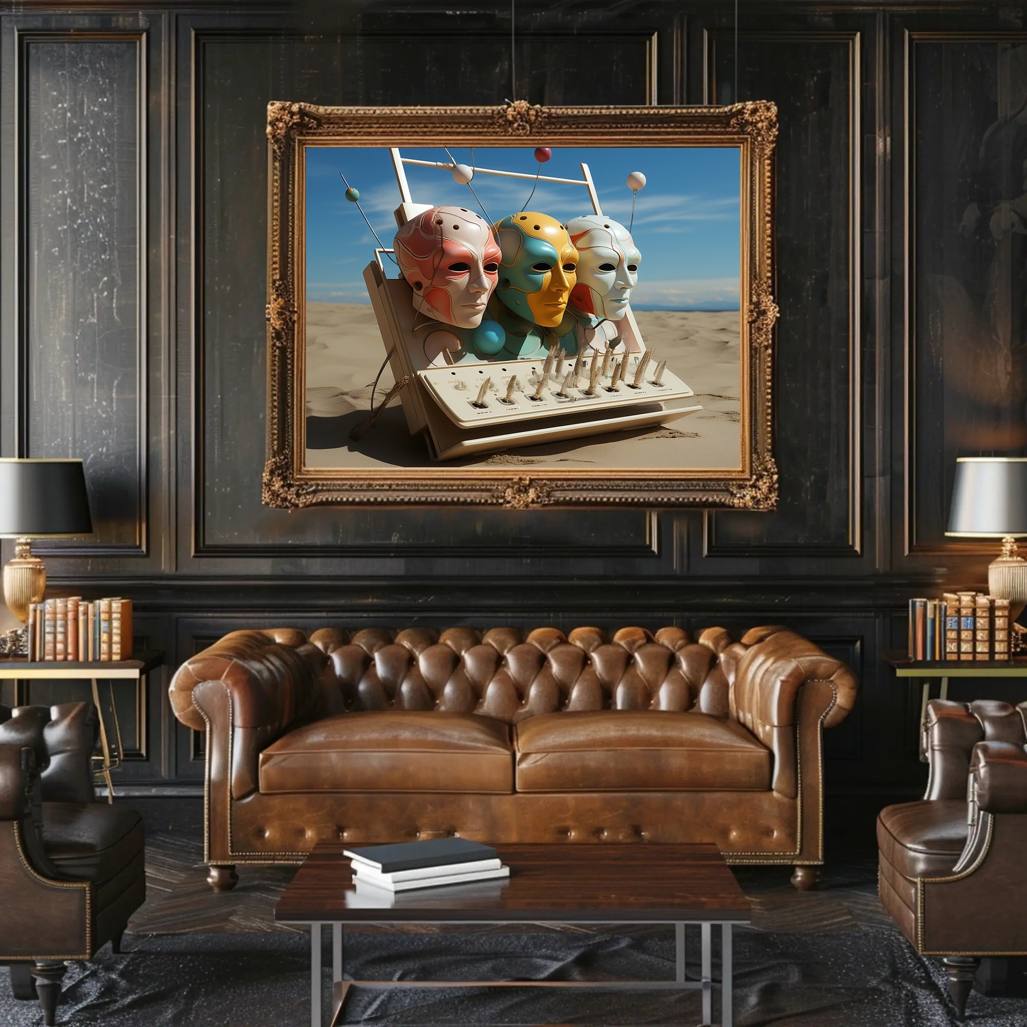 Futuristic Masks in Surreal Desert Sci-Fi Poster