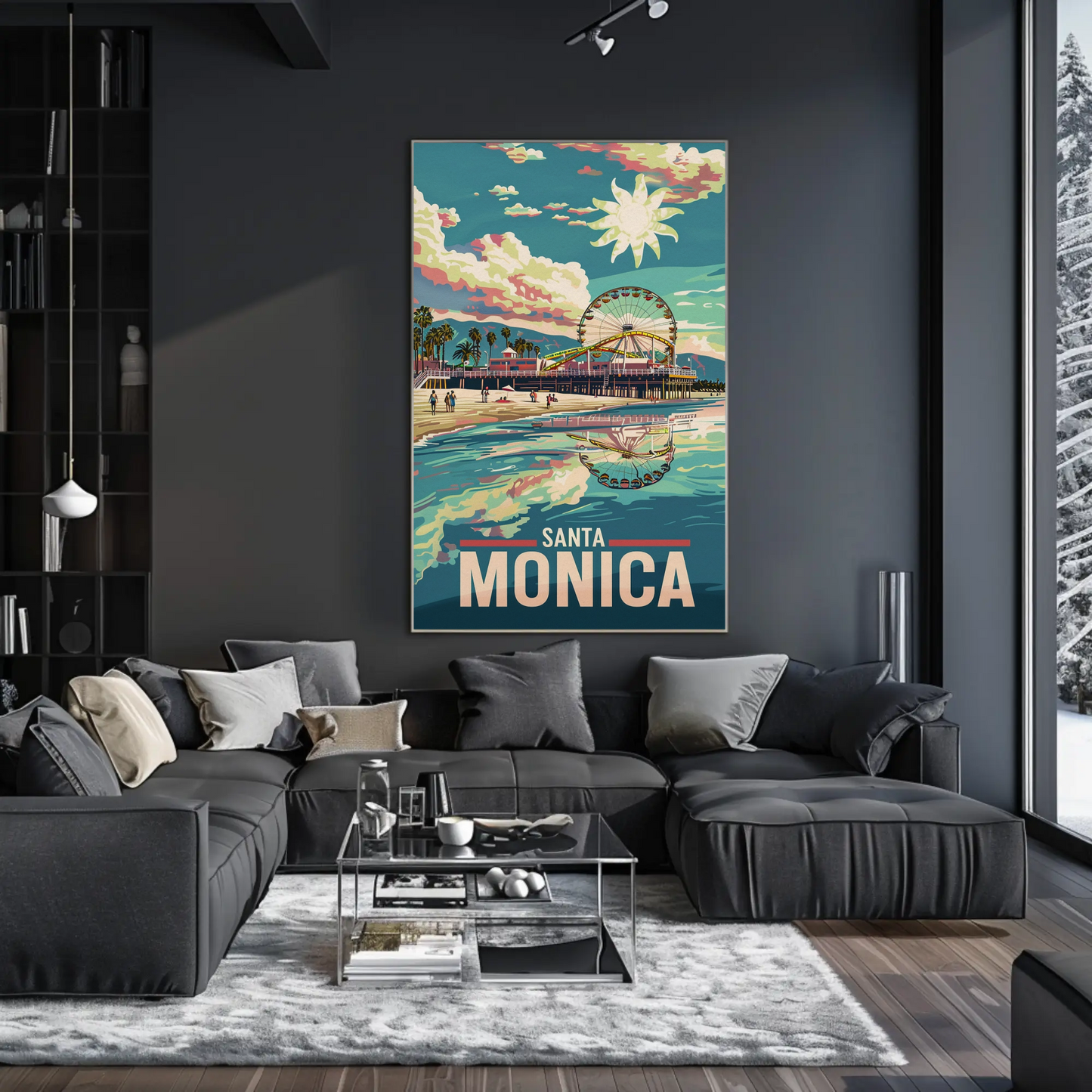Santa Monica Reflection Ferris Wheel Beachfront Sunset Travel Poster