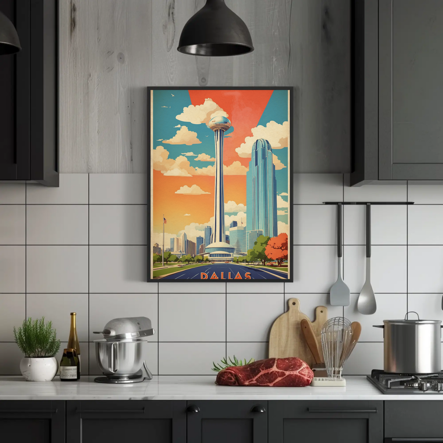 Dallas Texas Skyline Reunion Tower Vintage Travel Poster