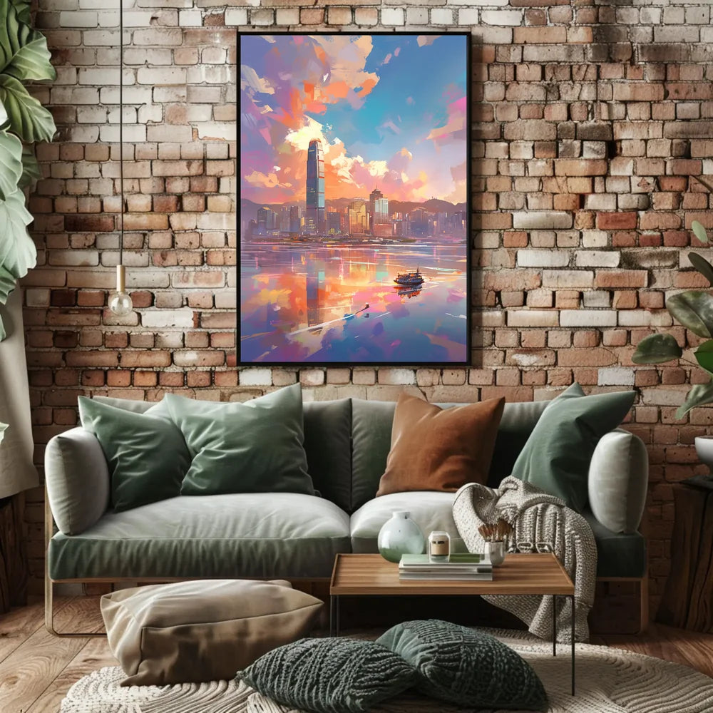 Modern Cityscape Sunset Poster: Hong Kong Skyline Art