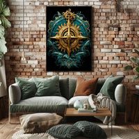 Navigating Mystical Seas Golden Compass Art Deco Oceanic Adventure Maritime Dreamscape Poster
