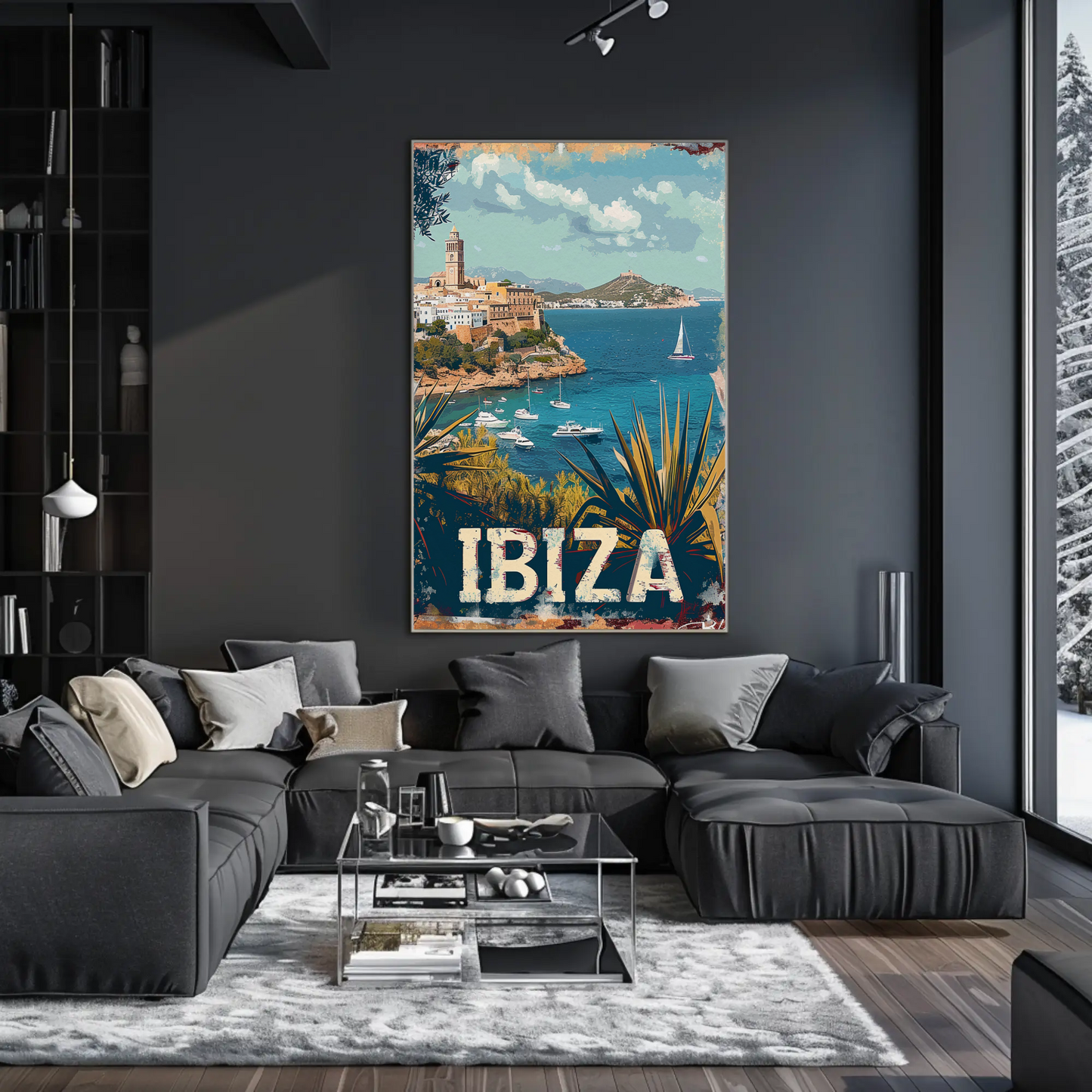 Ibiza Cliffside Town and Sailing Bay Travel Poster