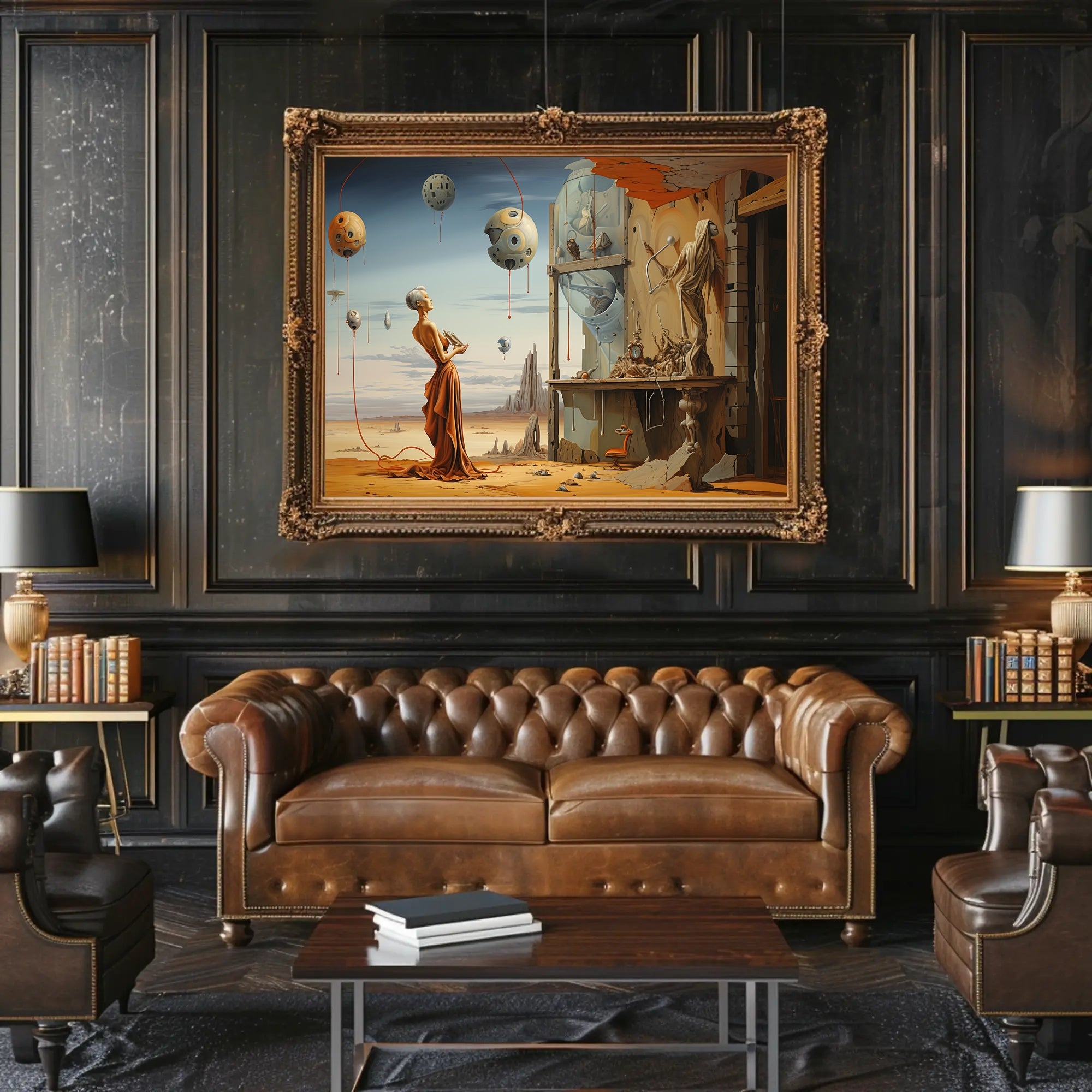 Surreal Desertscape with Futuristic Figure: Artistic Poster