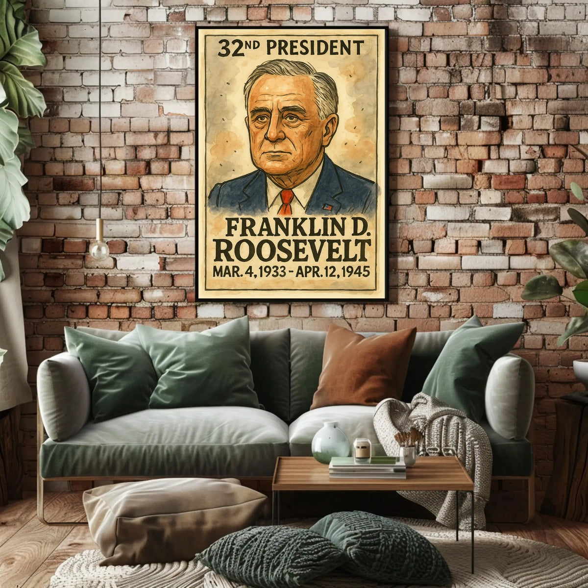 Franklin D. Roosevelt 32nd President of the United States Exaggerated Cartoon Sketch Poster