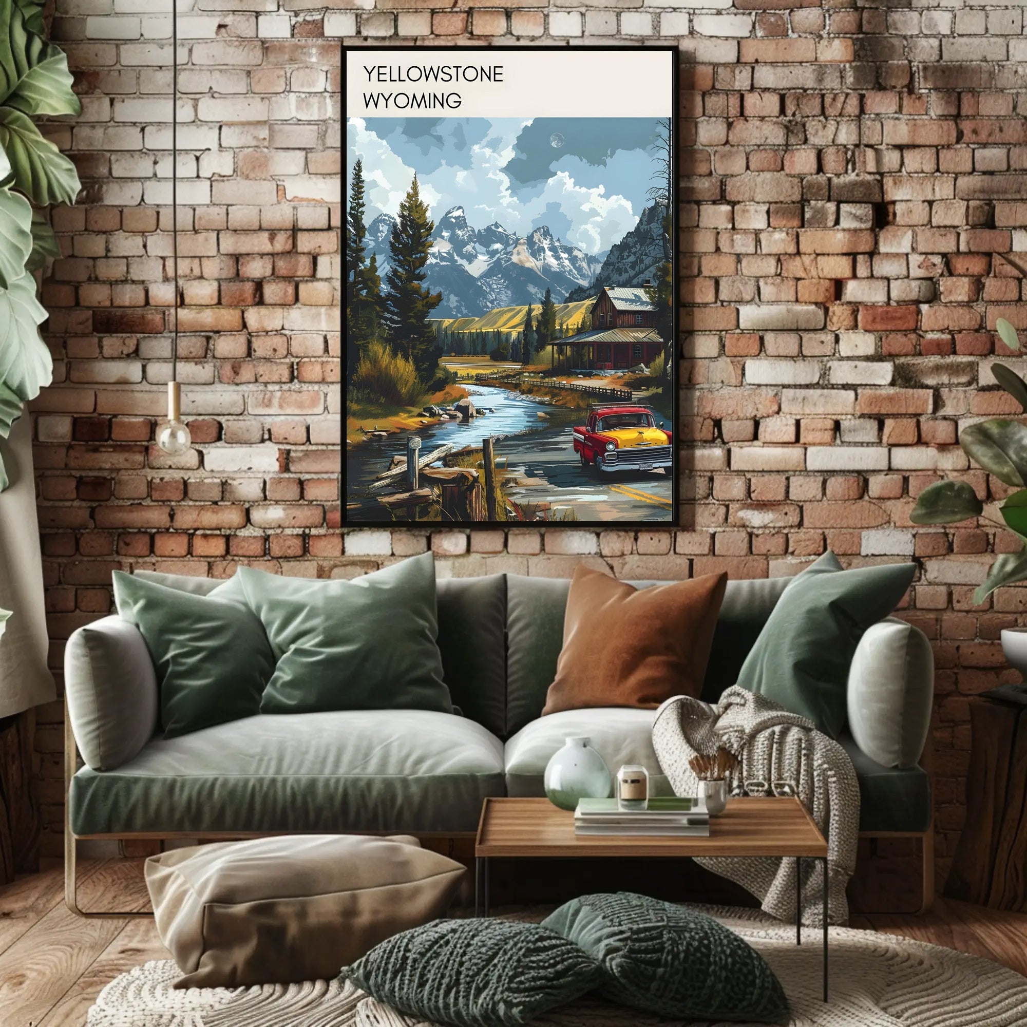 Scenic Yellowstone: Vintage Truck and Rustic Cabin Poster