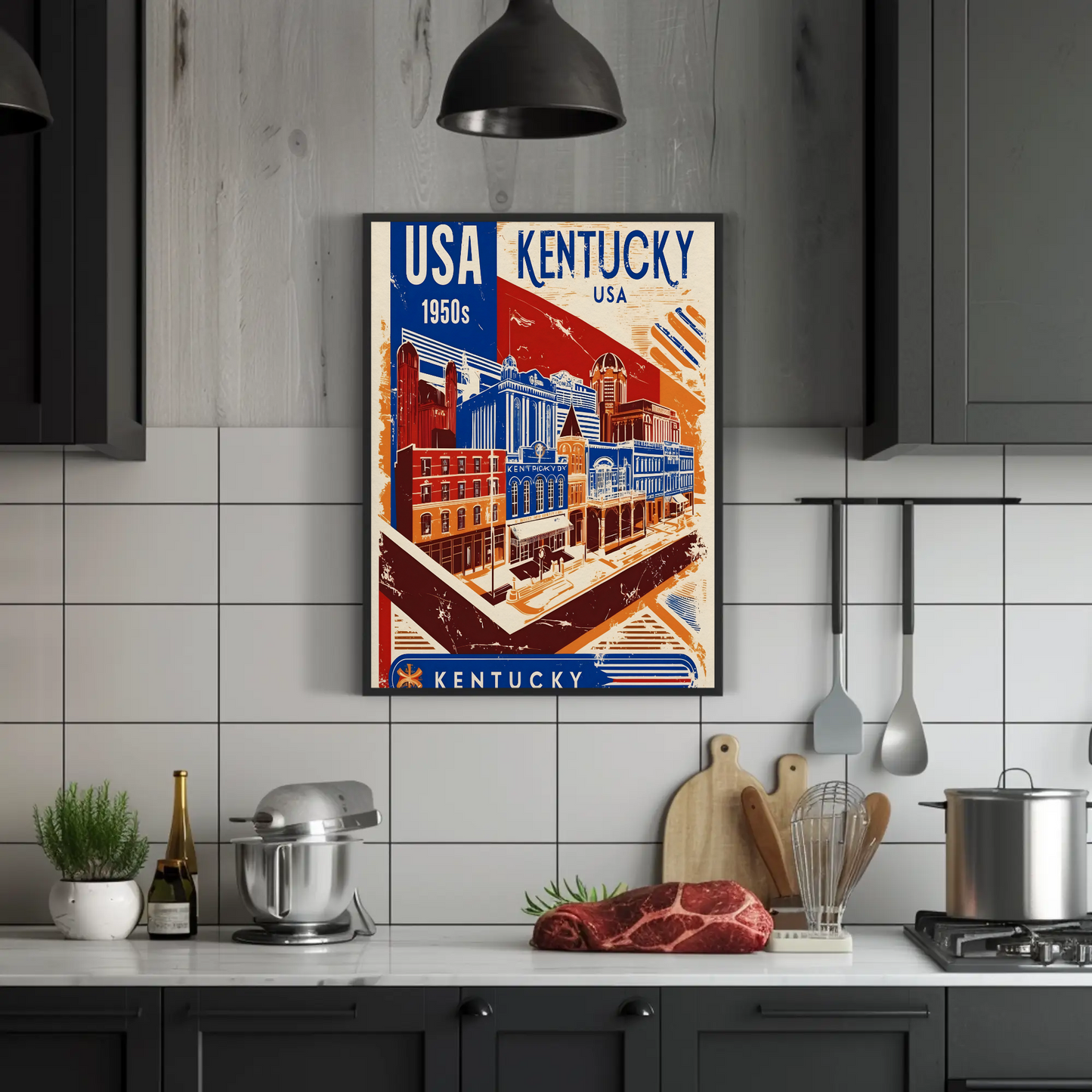 Kentucky USA 1950s Downtown Streets Vintage Maroon Travel Poster