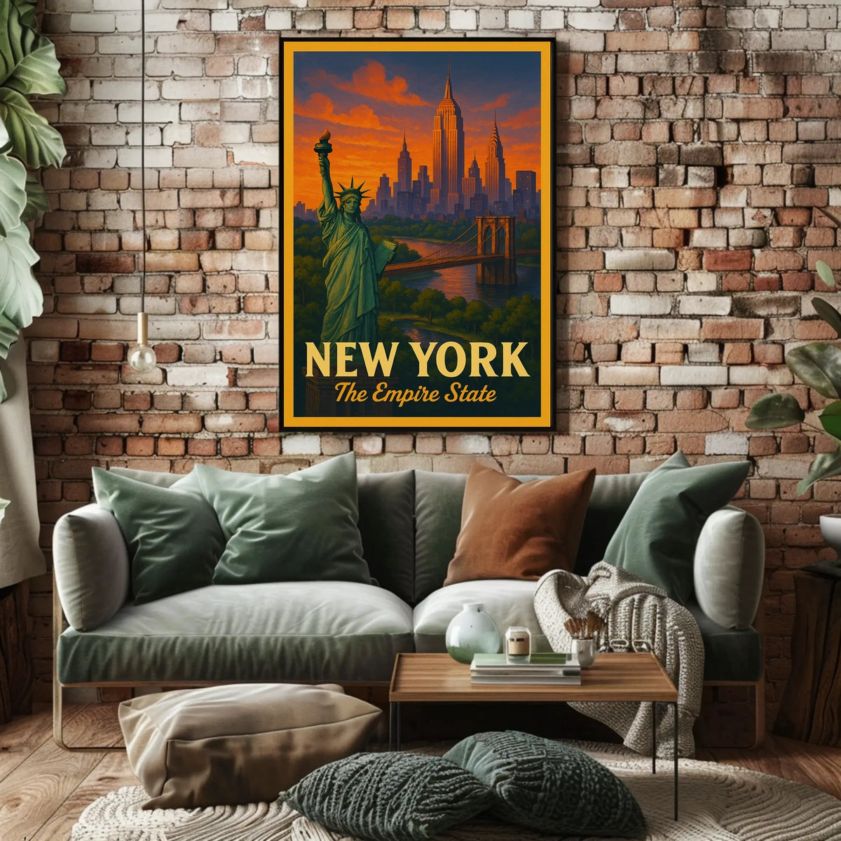 New York City Landmarks At Sunset Poster Vintage Wall Art