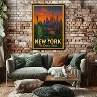New York City Landmarks At Sunset Poster Vintage Wall Art