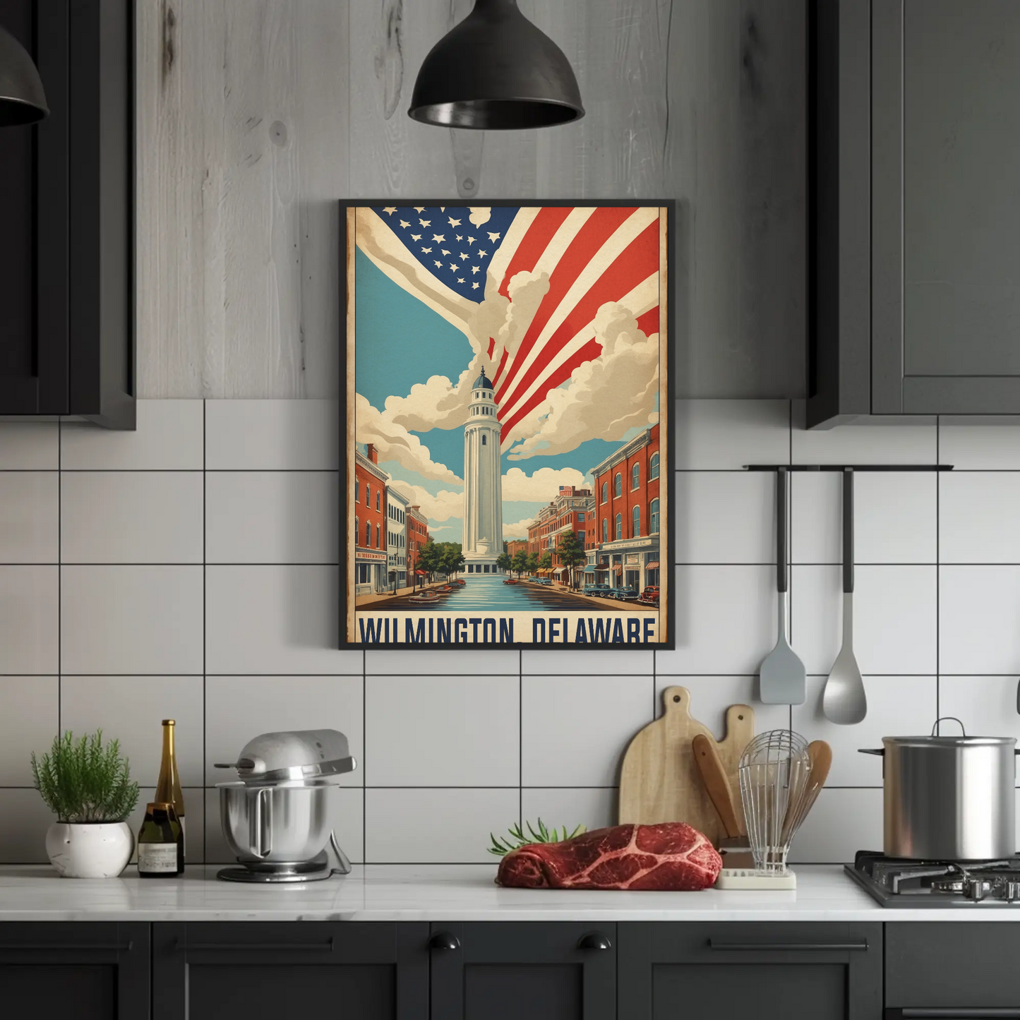 Wilmington Delaware Tower And Flag Streetscape Vintage Travel Poster