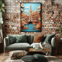 Amsterdam Canal Bridge Scene with Whimsical Urban or Cityscape Poster