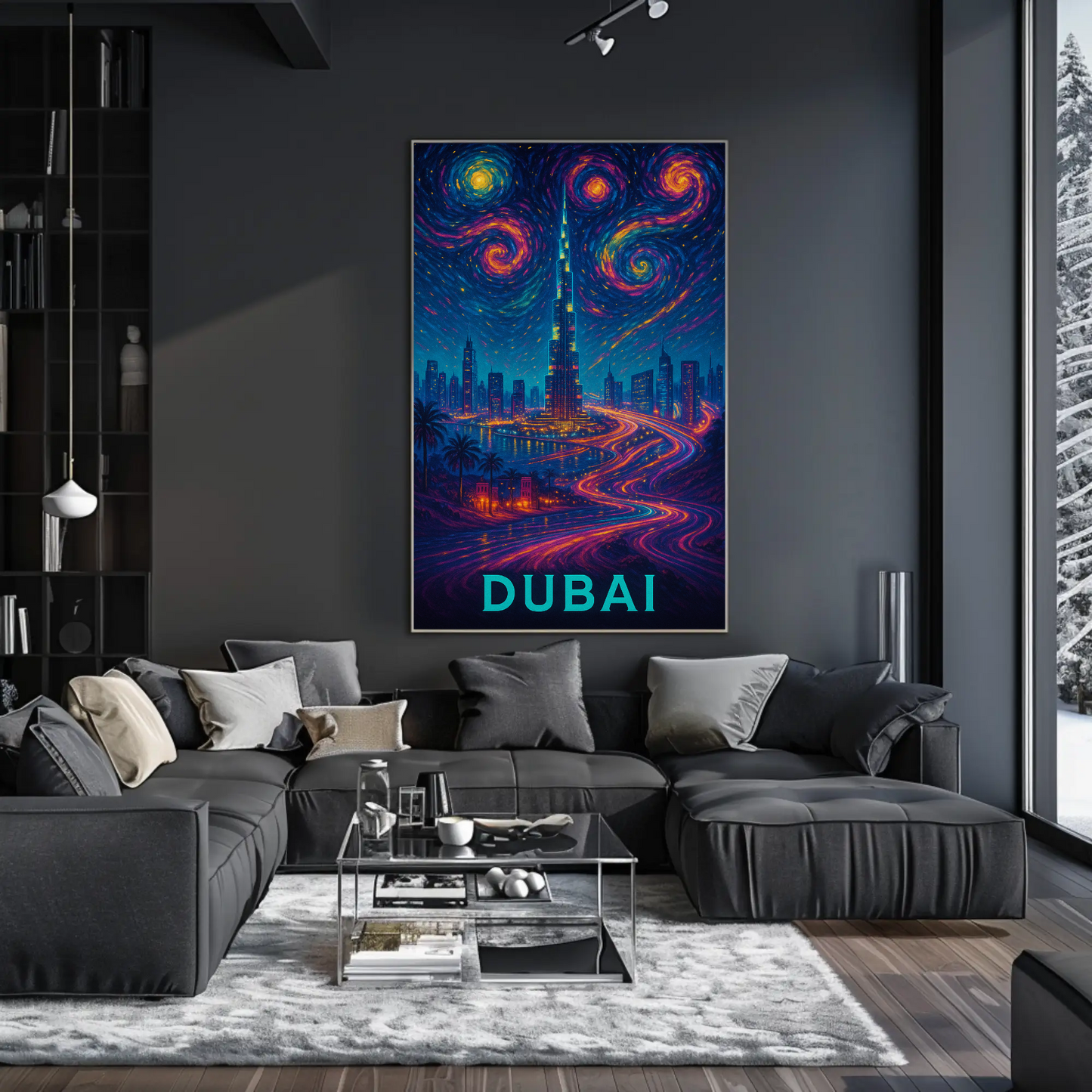 Dubai Burj Khalifa Starry Neon Skyline Night Travel Poster