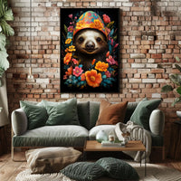 Floral Fiesta Joyful Sloth Whimsical Poster