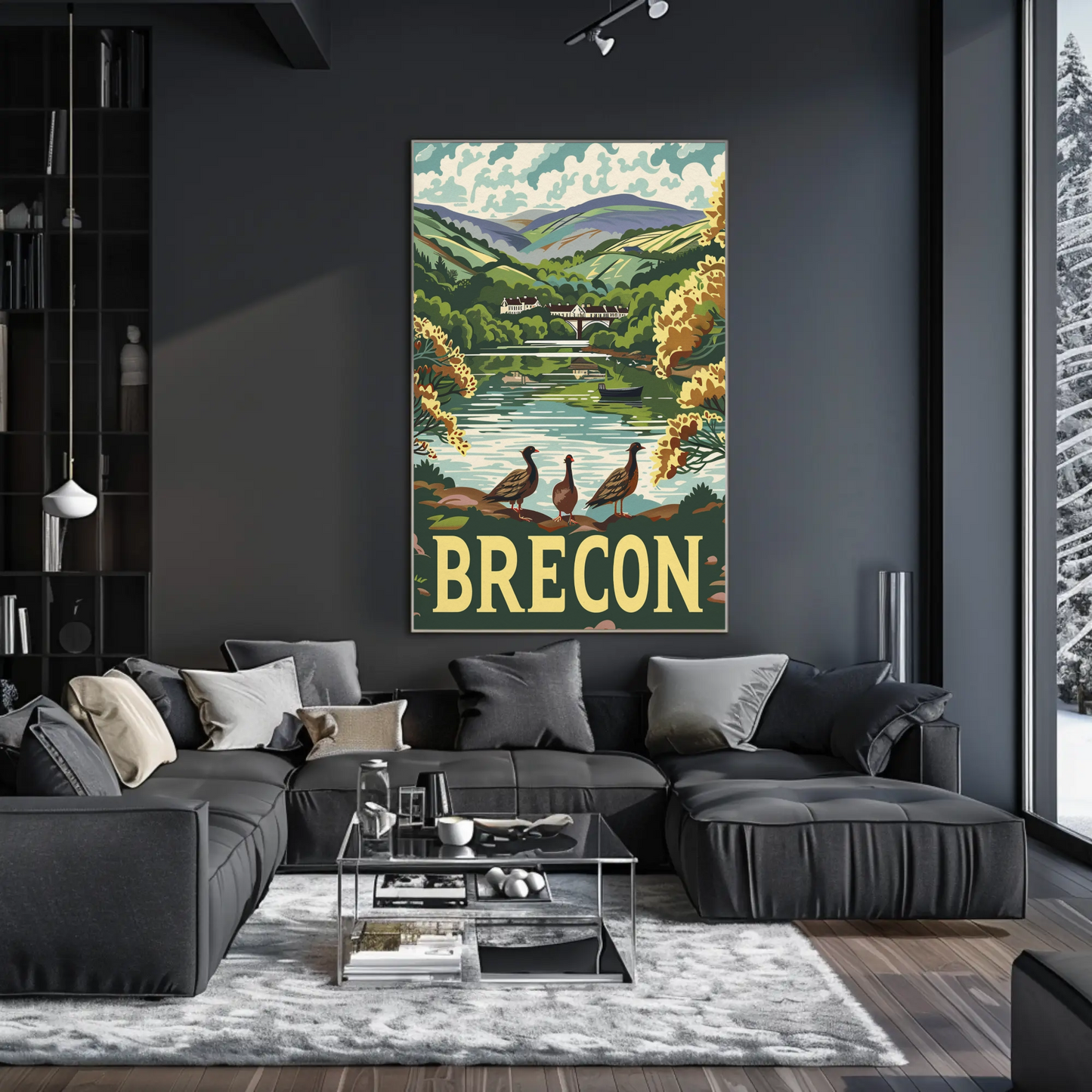 Brecon River Ducks Village Hillside Travel Poster