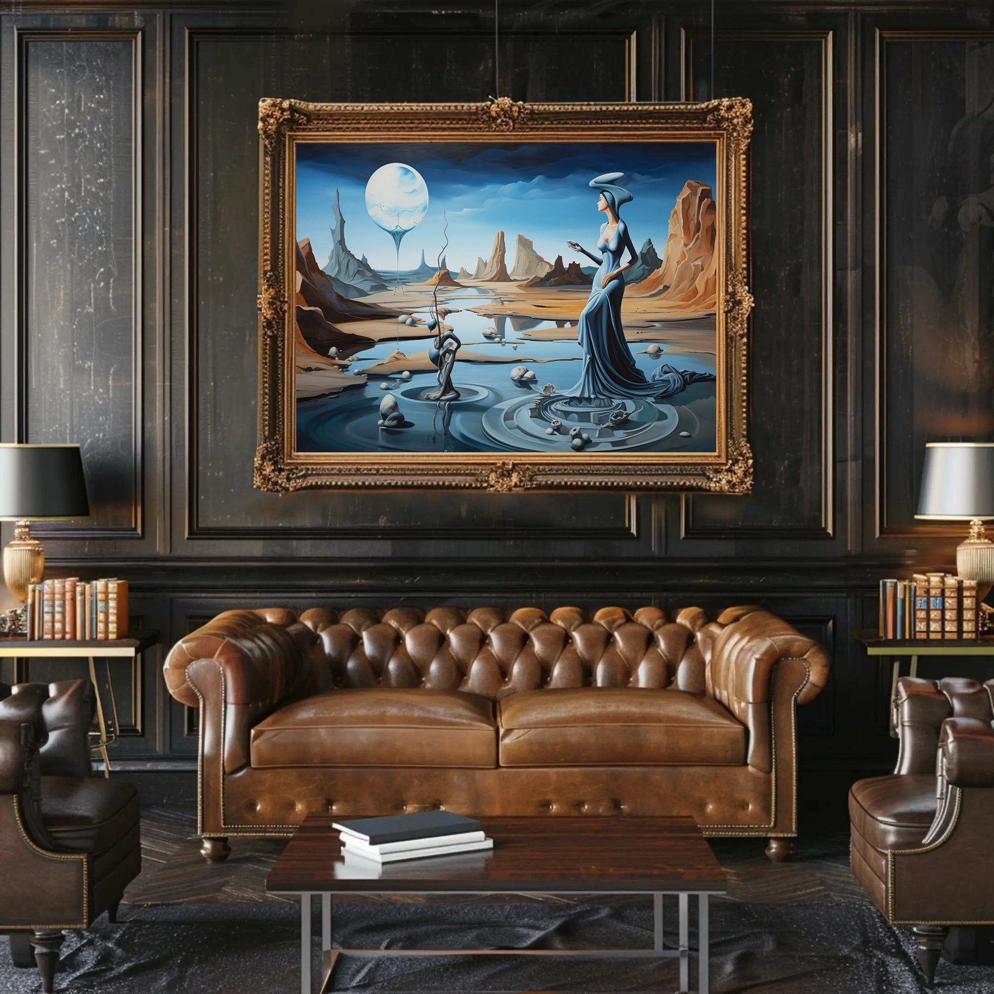 Surreal Dreamscape Poster with Ethereal Moon-Lit Desert Scene