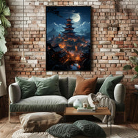 Moonlit Pagoda Village Poster