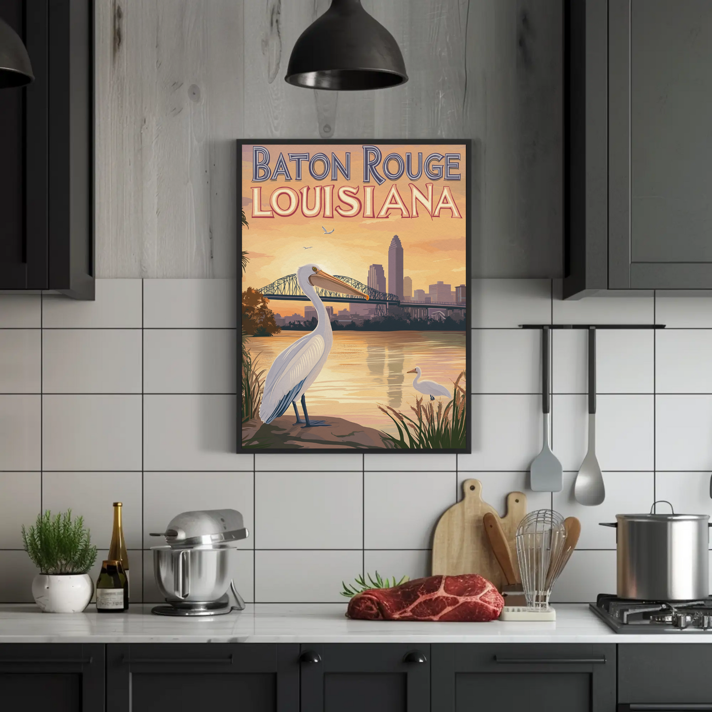 Baton Rouge Louisiana Pelican Vintage Poster