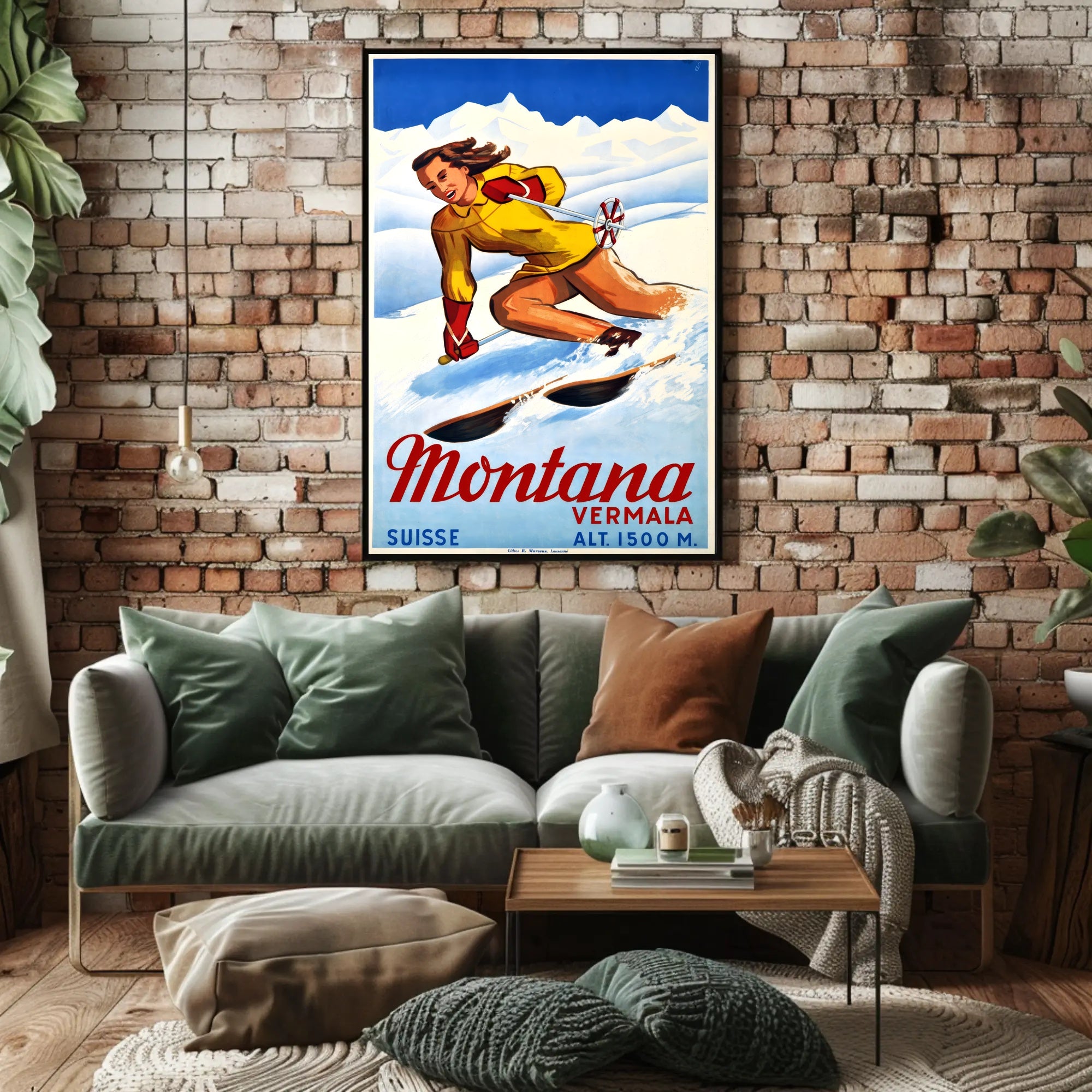 Skiing in Montana, Switzerland Poster PosterGoat