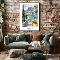 Kefalonia Coastal Village Watercolor Travel Poster PosterGoat