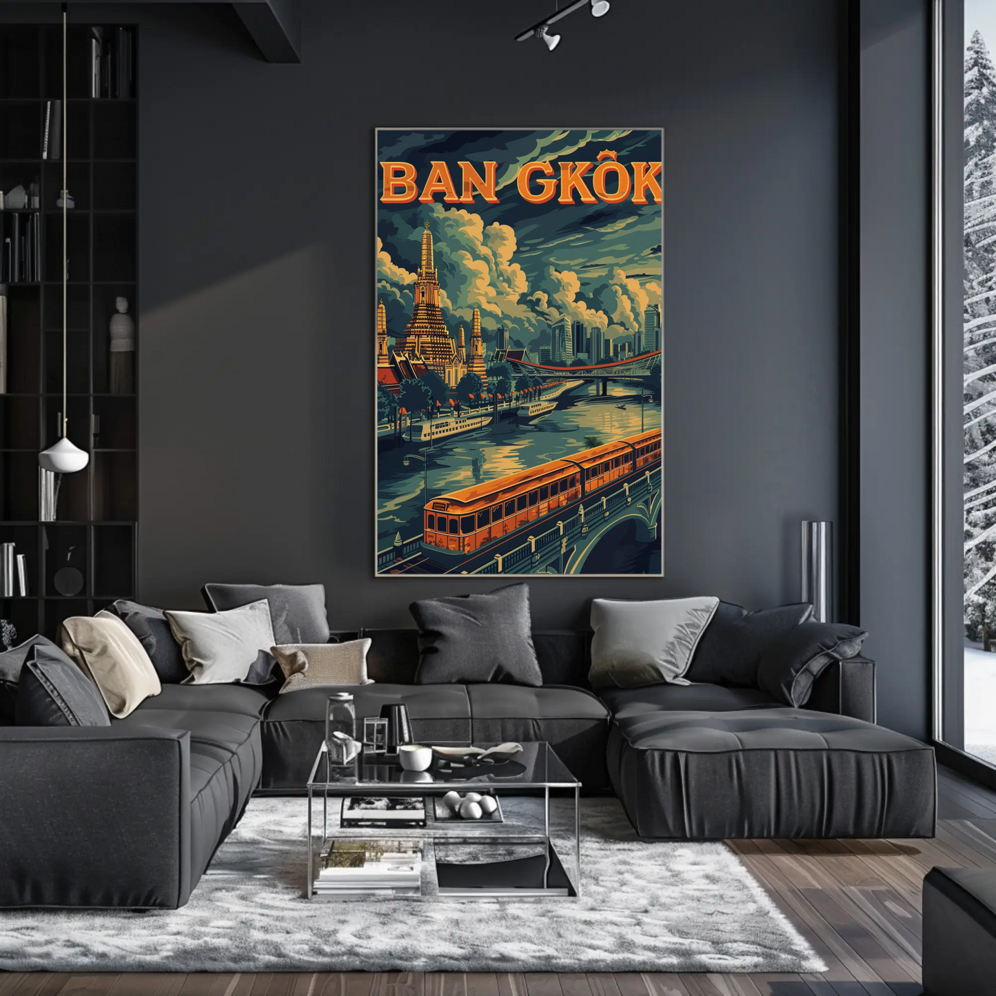 Bangkok Golden Temple River Train Skyline Scene Travel Poster