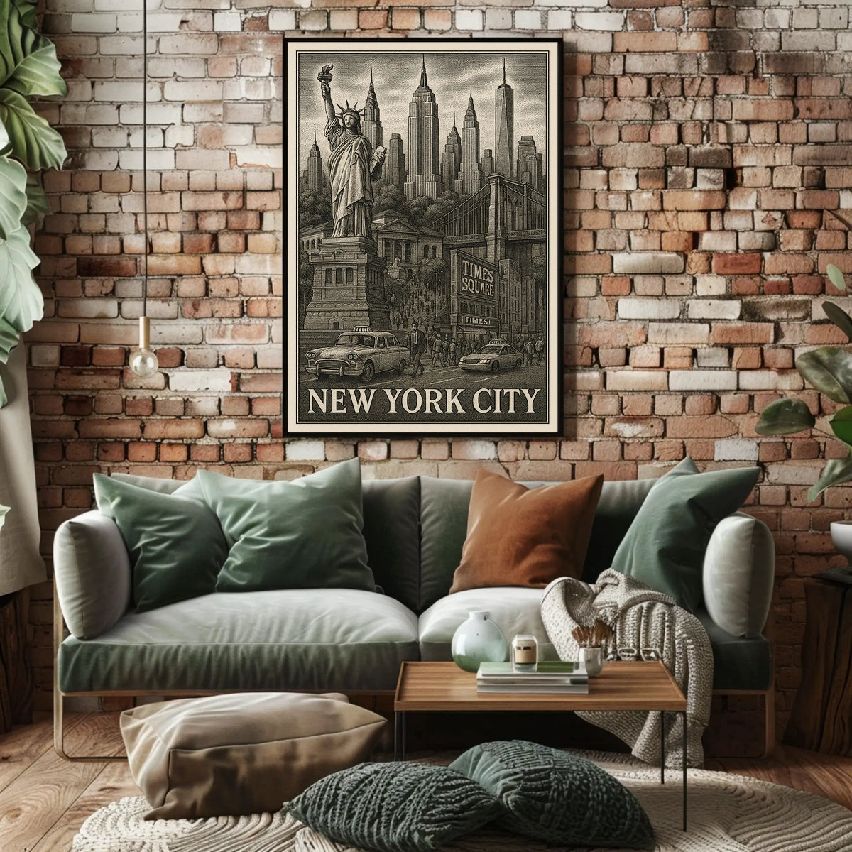 New York City Landmarks Engraved Poster Vintage Wall Art