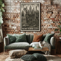 New York City Landmarks Engraved Poster Vintage Wall Art