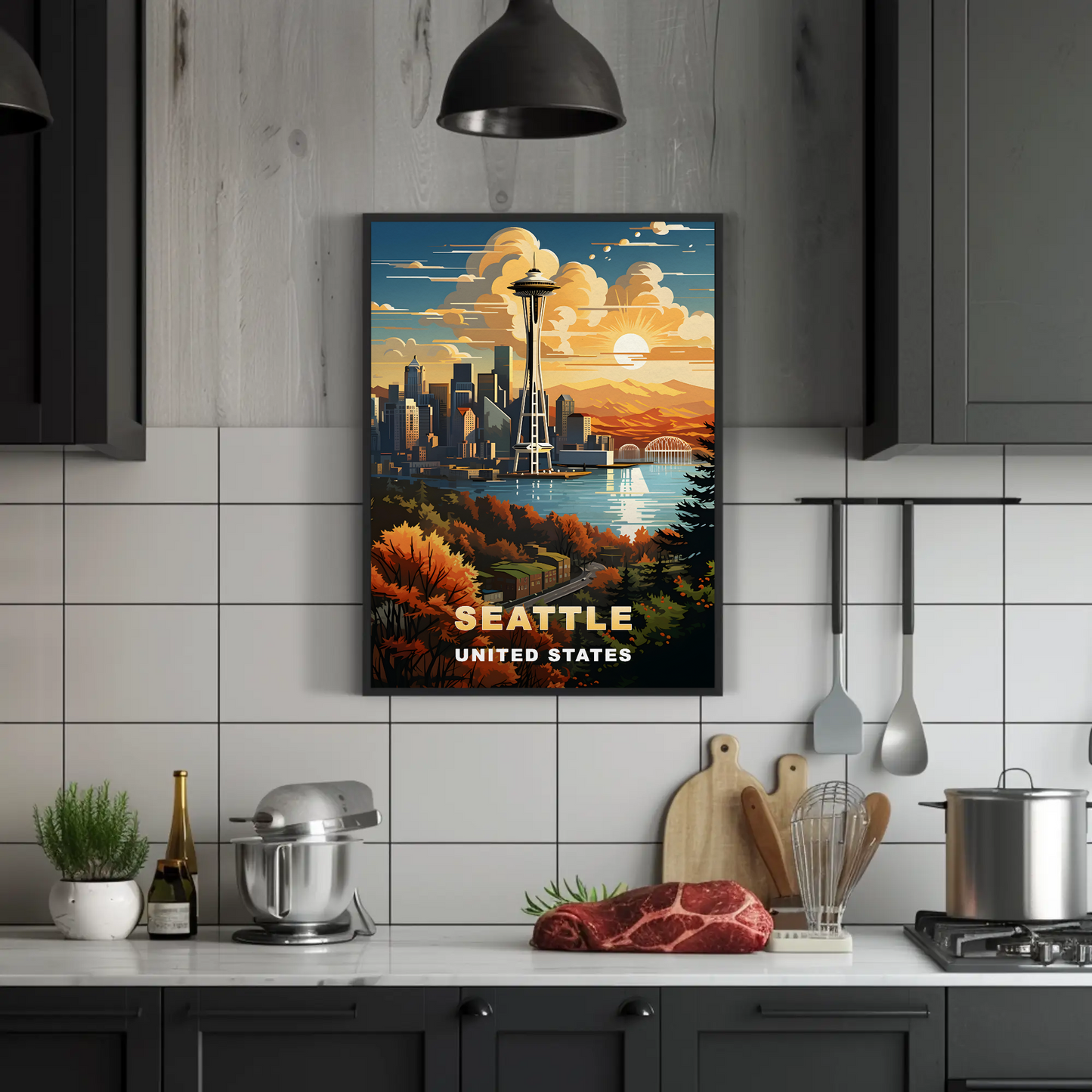 Seattle Space Needle Autumn Sunset Vintage Travel Poster