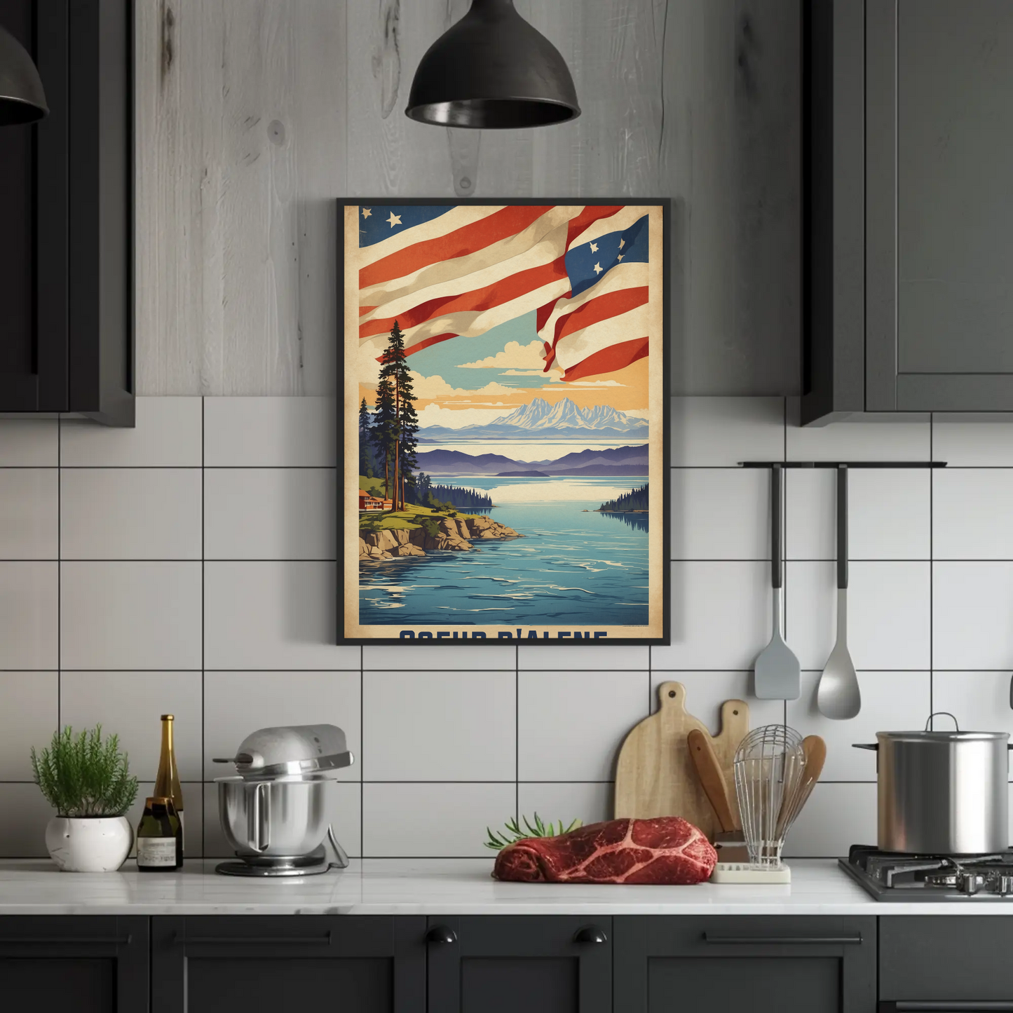 Coeur d'Alene Idaho Lake Mountains Flag Vintage Travel Poster