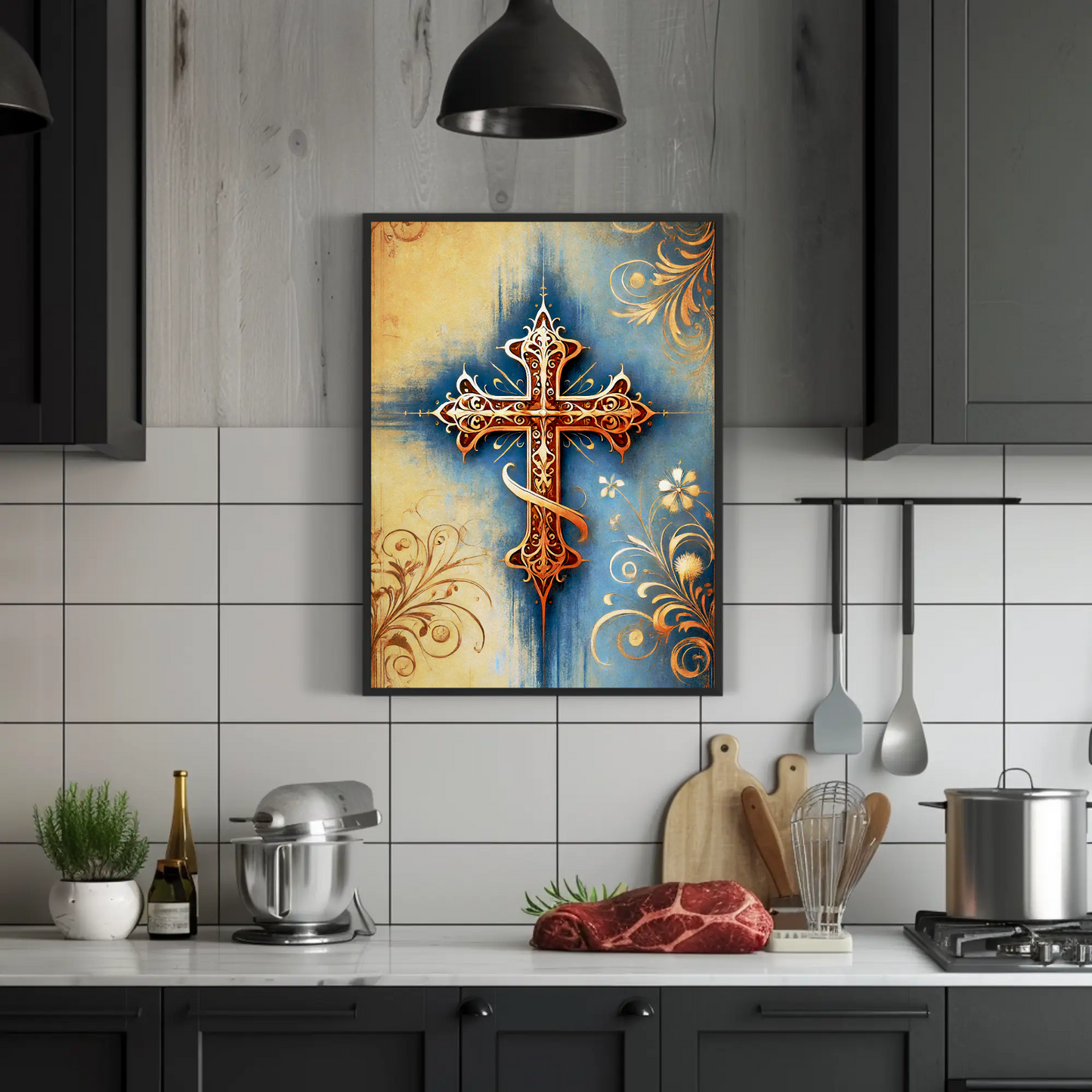 Gothic Blue Gold Cross Ornament Vintage Travel Poster