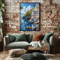 Mediterranean Coastal Village Impressionistic Art Poster