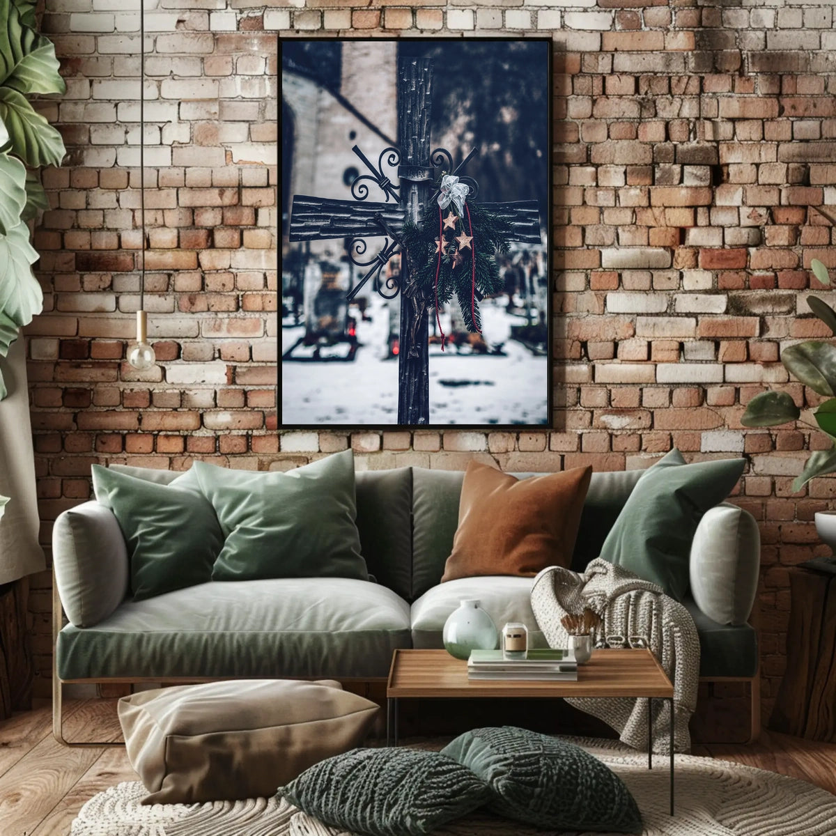 Winter Cemetery Scene with Wreath and Cross Poster