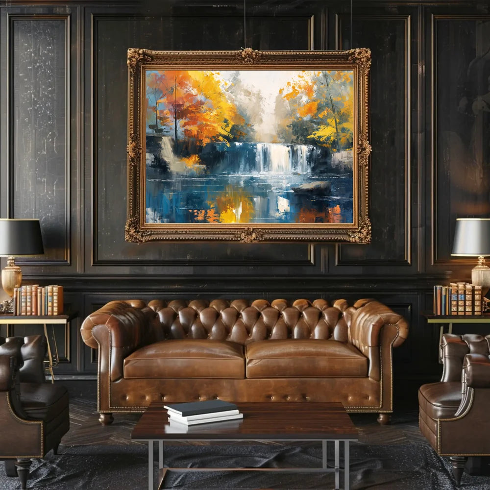 Serene Autumn Waterfall Impressionist Landscape Art Poster
