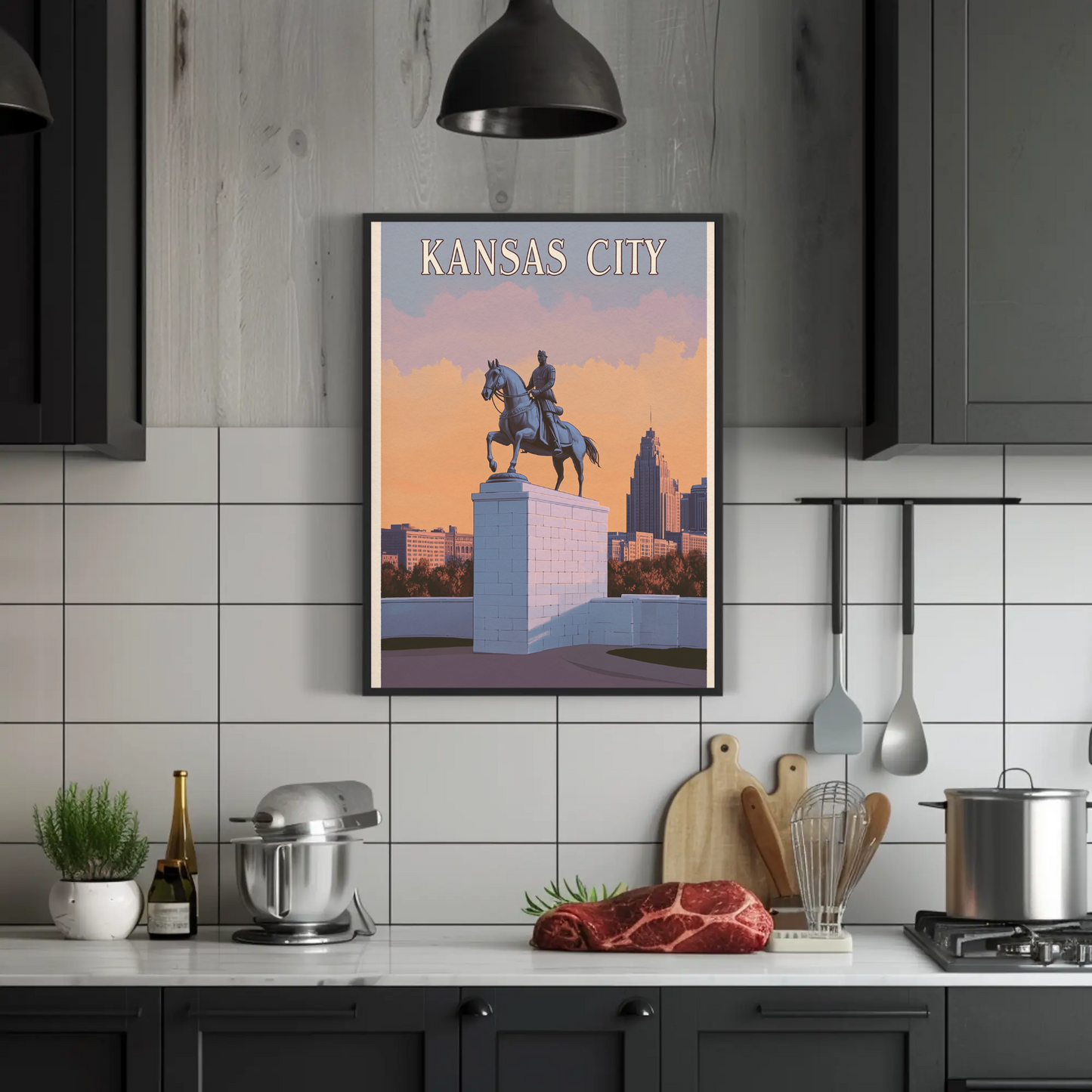 Kansas City Vintage Poster Sunset Statue