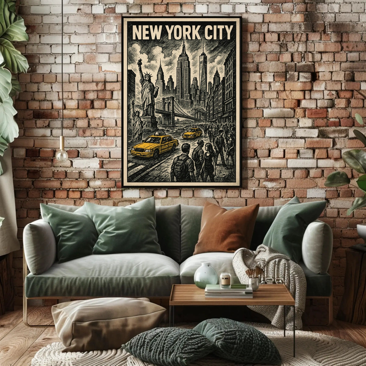 New York City Poster Vintage Travel Skyline Sketch Wall Art