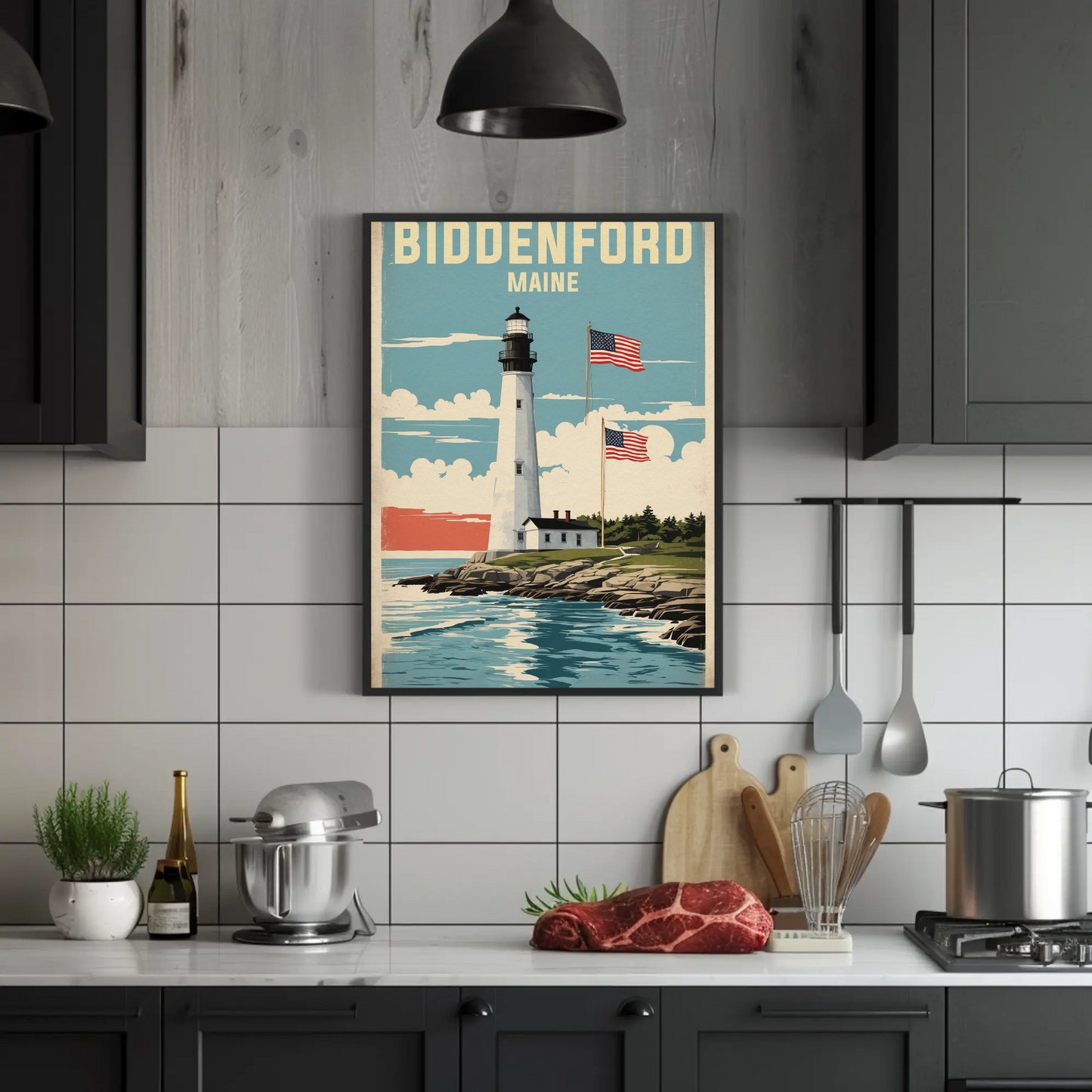 Biddeford Maine Seaside Lighthouse Vintage Travel Poster