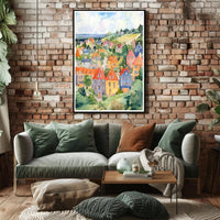 Colorful Hillside Village Poster PosterGoat