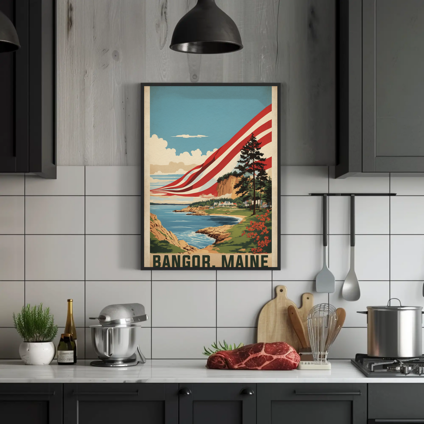 Bangor Maine Coastal Cliffside Vintage Travel Poster