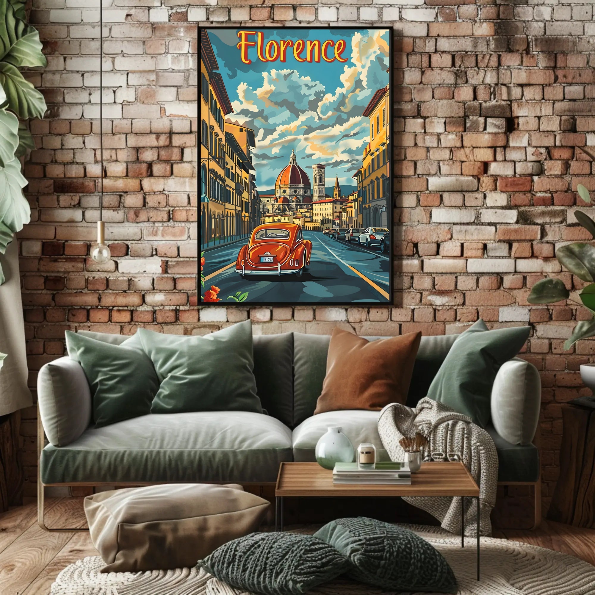 Florence Cathedral scene with vintage car poster