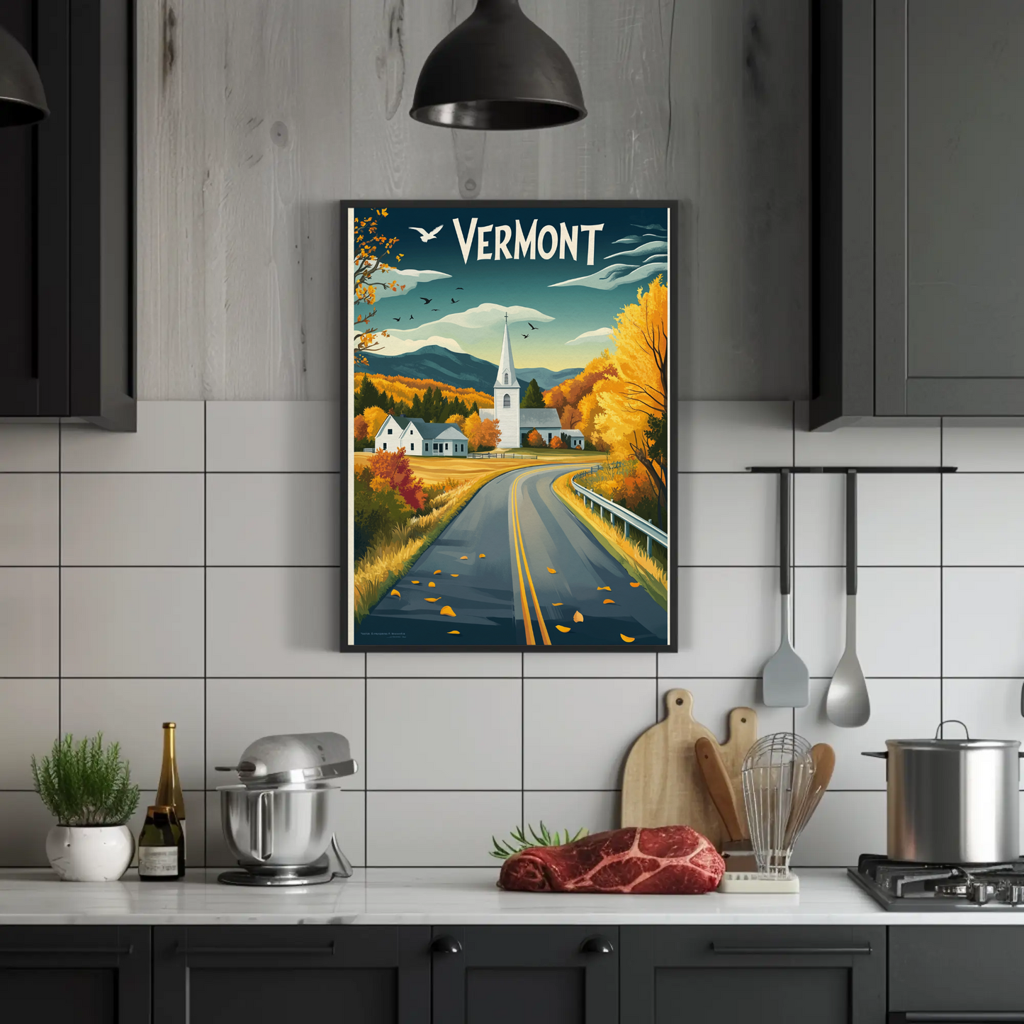 Vermont Vintage Poster - Autumn Road & Church